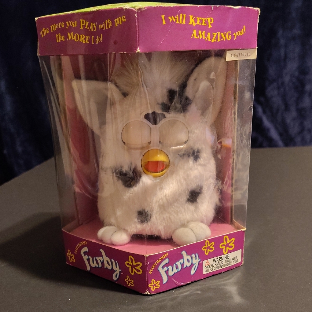 Vintage Never Open Furby Interactive Toy with Black and White Spots